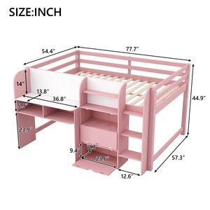 Cama alta rosa para niños con escritorio y cajones de almacenamiento para dormitorio, muebles infantiles - Product Image 4