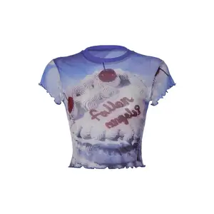 Transparentes Mesh T-Shirt O-Ausschnitt Kurzarm Grafik T-Shirt Sommer mode Y2K Crop Top T-Shirt für Frauen