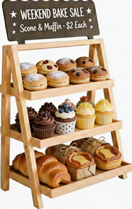 Présentoir à gâteaux personnalisable, support à biscuits à étages en bois avec tableau noir pour boulangeries, vente en gros pour marchés et foires - Product Image 2