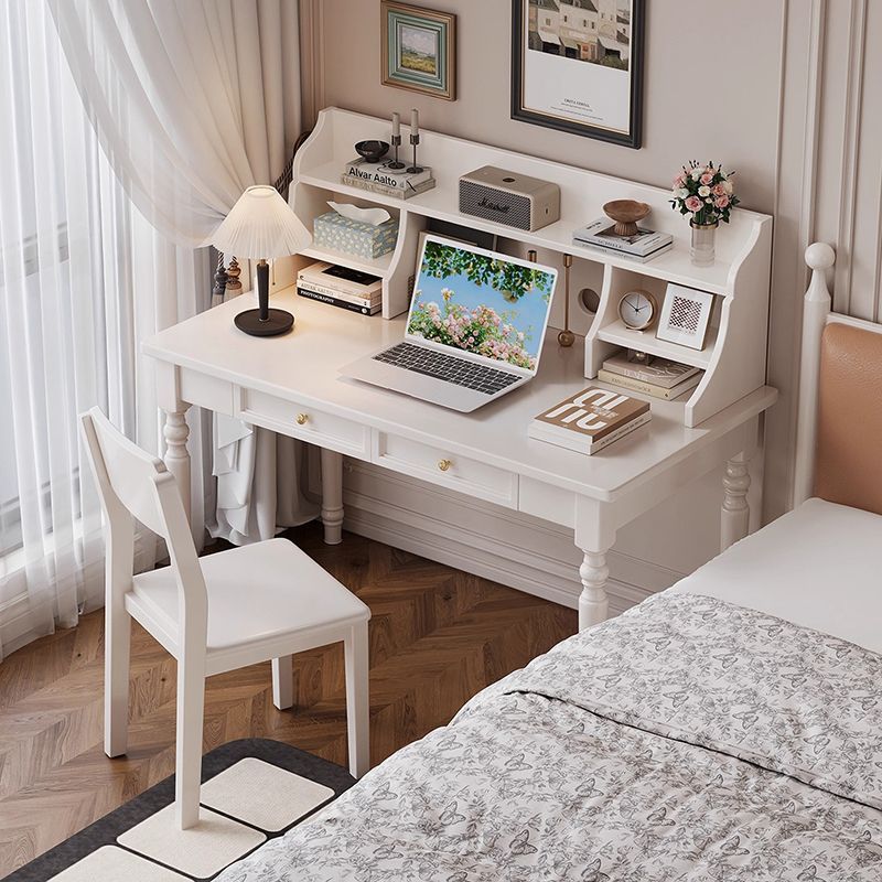 Cream White Solid Wood Desk, Bookshelf, and Macron Chair