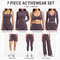 Ensemble de 7 pièces de vêtements de sport pour femme avec logo personnalisé, comprenant : soutien-gorge de sport, débardeur, veste zippée, leggings, shorts et pantalon large.
