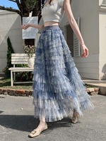Jupe longue maxi en tulle multicouche à motif dentelle bleue, taille empire, best-seller de l'été, romantique, élégante, amincissante et infroissable