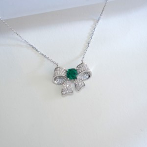 925 Silver Cultivated Emerald Necklace Shining Fashionable <b>Bow</b> Shape Party Holiday Daily <b>Gift</b> for Girls Surprise L - Product Image 3