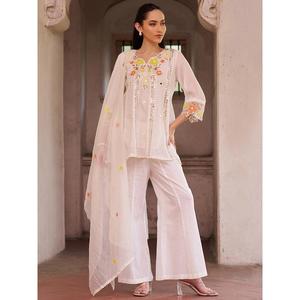 Hot Sale <b>Women</b> White Floral Embroidered Pure Cotton <b>Kurta</b> with Palazzo & Dupatta Set Wear <b>for</b> Casual Festive Daily Use <b>For</b> Sale - Product Image 1