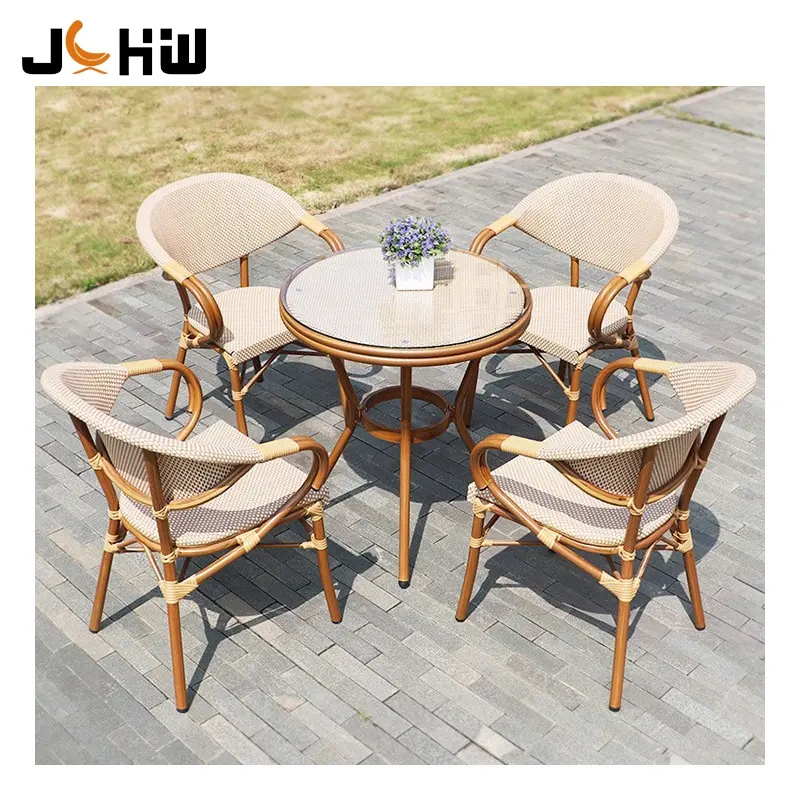 Preço de fábrica Francês bistrô rattan mesa e cadeiras bambu mesa de jantar conjunto jardim francês café mesa e cadeiras conjunto