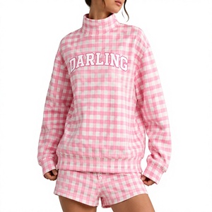 Darling Pink Checkered Turtleneck Sweatshirt Women's Casual Full Sleeve Knitted Plaid <b>Top</b> With Letter Print Front <b>Mock</b> <b>Neck</b> - Product Image 1
