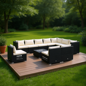 Ensemble de salon de jardin en rotin noir crème, 10 places, mobilier d'extérieur, design contemporain - Product Image 2