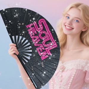 Éventail Big Clack Large 33Cm Polyester Satin Bambou Impression de Logo Personnalisé pour Accessoires de Festivals - Product Image 1