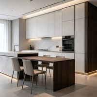 Moderne Luxus-Küchenschränke in Weiß & Dunkelholz mit Integrierter Essinsel, Eingebautem Backofen, Maßgefertigt, ENF-Klasse, KD-Verpackung