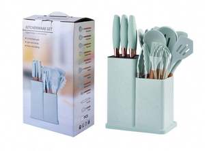 Ensemble d'ustensiles de cuisine en silicone écologique 19 pièces avec support de rangement pour couteaux couleur paille de blé - Product Image 5