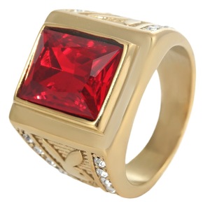 yunnique Men's Gold Square Red Stone <b>Ring</b> Geometric Design <b>Titanium</b> Steel Punk Style Jewelry Gift - Product Image 5