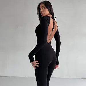B27524 - modern zarif seksi backless bandaj düz renk uzun kollu rahat bodycon uzun tulum kadınlar