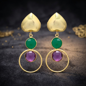 Jaipur Gems Puffed Gold Heart <b>Stud</b> Drop <b>Earrings</b> Dual Gemstone Open Circle Hoop Green Purple Stone Brass 18K Gold Engagement - Product Image 3