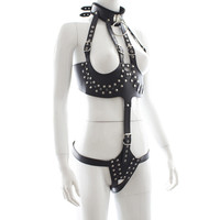 Ensemble de lingerie dos nu pour soutien-gorge ouvert en cuir BDSM Bondage noir pour femme