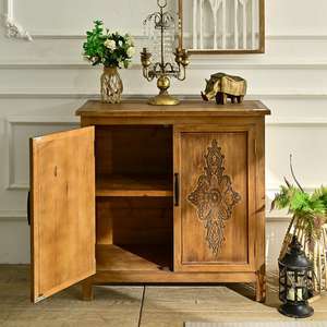 INNOVA Home Living Room Hotel Farmhouse Rustic Solid Wood <b>Panel</b> Sideboard Vintage Antique Storage Cabinet <b>Flower</b> Home Bar Entry - Product Image 2