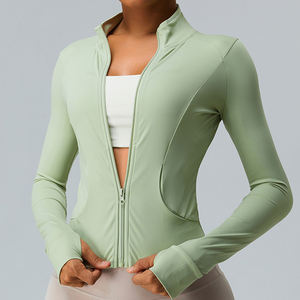 Automne fermeture éclair Yoga vestes pour femmes trous de pouce coupe ajustée à manches longues haut Gym Fitness Yoga porter séchage rapide sport manteau survêtement - Product Image 2