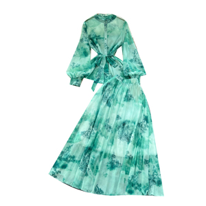 Conjunto de 2 Piezas Roman Winter para Mujer, Elegante Blusa con Cuello en V y Mangas Farol, Falda de Gasa Estampada de Cintura Alta, 100% Poliéster - Product Image 5