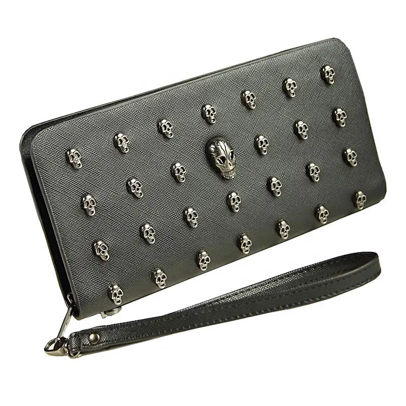 Men Leather Bag Skull Wallet Personality Clutch Bags Rivets PU Leather Purse Quality Zipper Card Holder Punk Wallets