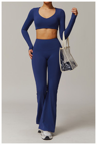 Ensemble de yoga 2 pièces pour femmes-tenue de fitness-<span class=keywords><strong>col</strong></span> en <span class=keywords><strong>V</strong></span> court haut à manches longues et pantalon évasé Bootcut pour la course de yoga - Product Image 6