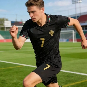 חולצת כדורגל שחורה-זהובה של נבחרת פורטוגל למבוגרים, סיטונאי, 100% פוליאסטר, סט מדים לכדורגל - Product Image 4