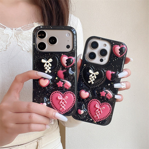 Black Glitter Love Bow DIY Mobile Phone case for <b>iPhone</b> 17 Air 16 15 14 13 Pro Max bling Resin Flower DIY Star 3D back Cover - Product Image 3