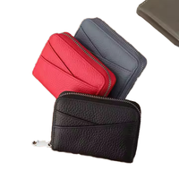 Porte-monnaie à fermeture éclair en cuir de vachette pleine fleur à motif litchi, double face, avec blocage RFID, épaisseur 35 mm, pour cartes de crédit