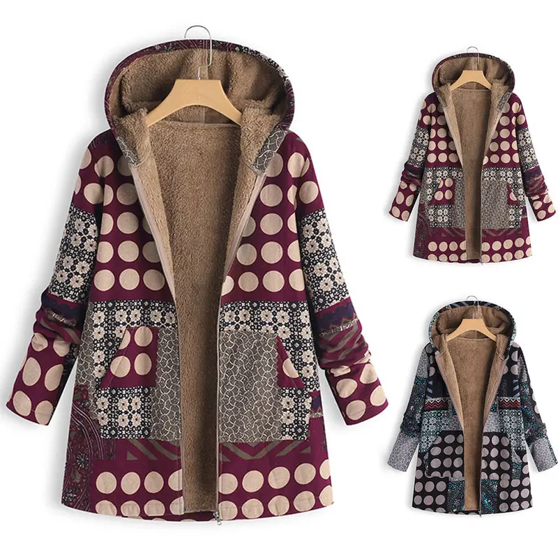 Women Vintage Warm Jackets Single Breasted Hooded With Pocket Print Parkas Plus Size 2022 Winter Female Coats