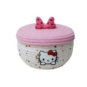 Panier de rangement en corde de coton avec couvercle, décor nœud papillon, boîte de rangement cosmétique, adorable boîte de rangement de bureau pour articles divers, motif dessin animé - Product Image 5