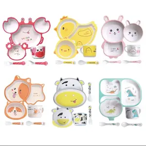 Wholesale bamboo fiber kid plates sets dinnerware, animal cartoon melamine bamboo kids dinnerware set