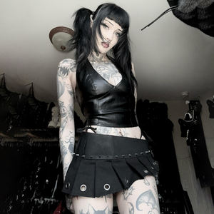 Gothic Punk Dropped <b>Black</b> <b>Pleated</b> A-Line <b>Mini</b> <b>Skirt</b> with Built-in Shorts and Metal Eyelet Rivets Summer - Product Image 4