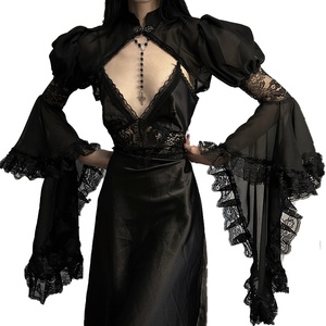 Blusa da donna <span class=keywords><strong>in</strong></span> chiffon e <span class=keywords><strong>pizzo</strong></span> stile cinese con maniche a campana, crop top nero per l'uso quotidiano estivo - Product Image 5
