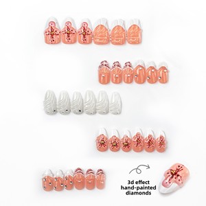 Ongles à presser 3D en forme d'amande, couvrance totale, qualité supérieure, avec French manucure blanche, ajustement naturel, faits main, strass - Product Image 3