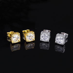 Boucles d'oreilles clous de luxe carrées pour hommes, étanches, serties griffe, plaqué or blanc 14K, zircon taille coussin, style Hip Hop - Product Image 1