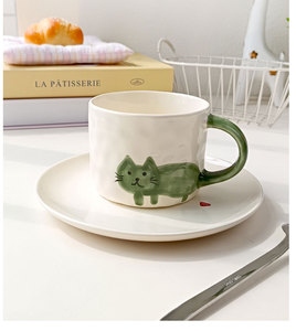 Tasses à café et assiettes en céramique peintes à la main avec motif de chat coloré, tasses à lait de dessin animé pour le petit-déjeuner - Product Image 3