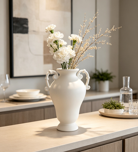 Jarrón de Cerámica Blanco Mate Estilo Vintage Francés, Jarrón Neoclásico con Dos Asas, Jarrón con Asas en Espiral, Decoración para el Hogar de Estilo Europeo - Product Image 4