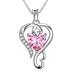 Ciondolo a forma di cuore in oro bianco con strass di cristallo rosa solitario per donna, gioiello regalo romantico - Product Image 1