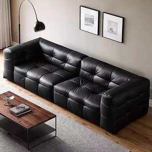 Minimalist Black Leather <b>Sofa</b> Straight Shape Tufted Design For Living Room - Product Image 1