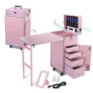 Table de manucure roulante pliable, table à ongles, valise de maquillage, chariot de rangement de voyage avec 4 tiroirs, miroir et haut-parleur - Product Image 1