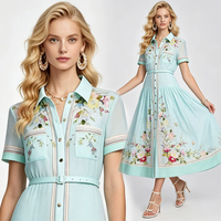 Robe trapèze personnalisée grande taille en coton et lin, imprimée, à col chemise, manches courtes et taille cintrée pour femme