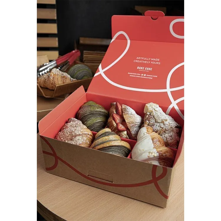 미니 도넛에 대한 사용자 정의 접는 평면 판지 상자 고급 마카롱 포장 상자 핑크 크로와상 과자 베이커리 케이크 종이 상자