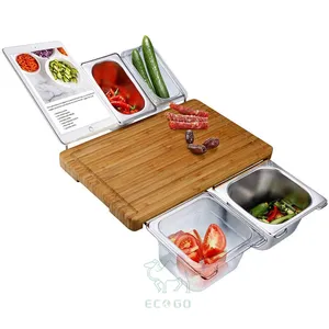 Placas de corte de bambu com bandeja para servir comida, conjunto de placa para cortar recipientes com placas modernas de corte, atacado