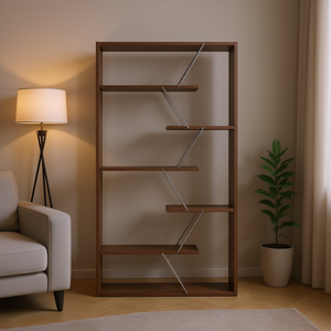 Libreria Moderna a 6 Ripiani in Noce con Finitura Cromata, Schienale Aperto, per Soggiorno, Ufficio, Casa, Organizzatore in Legno - Product Image 2