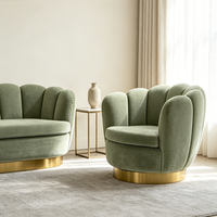 Ensemble de canapés de salon en velours vert olive avec dossier festonné moderne et base en métal doré, mobilier de maison de luxe léger pour villa, salon et hall.