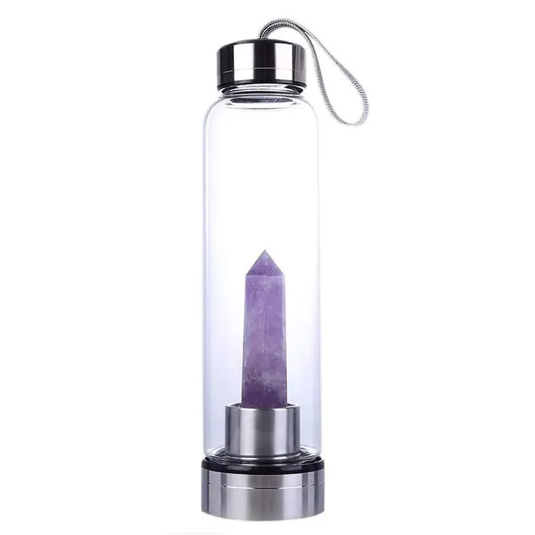 Garrafa de água de quartzo, pedras de ametista de elixir, de alta qualidade, garrafa de água natural de vidro de cristal com corda