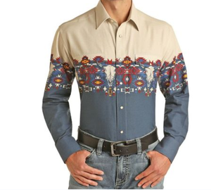 <span class=keywords><strong>Camicia</strong></span> Casual da uomo a maniche lunghe con colletto alla coreana <span class=keywords><strong>camicia</strong></span> in stile <span class=keywords><strong>Denim</strong></span> occidentale americano personalizzata con motivo stampato personalizzato - Product Image 3