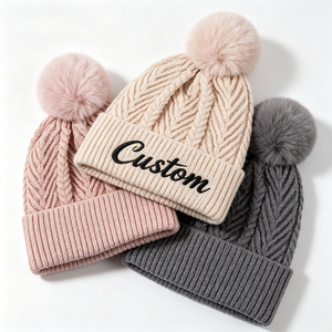 Wholesale Custom Embroidery Wovel Label Logo Pom Pom Beanies 100% Acrylic Knit <strong>Fleece</strong> <strong>Lined</strong> Winter <strong>Hats</strong> Warm <strong>Bobble</strong> Caps - Product Image 1