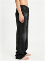 Jean en denim délavé à l'acide avec effet whisker, coupe droite ample, style streetwear, pour hommes, idéal pour la mode personnalisée et la vente en gros
