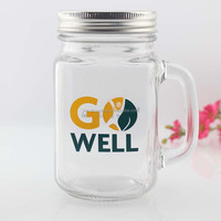 Hoogwaardige gepersonaliseerde logo 16oz 475ml vierkante glazen mason jar voor bier, fruitsap en dranken met handvat en aluminium deksel