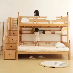 Kids Bedden Custom Built Kleine Kids Verstelbare Dubbele Loft Natuurlijke Massief Hout Stapelbedden Met Trappen Kinderen Stapelbedden