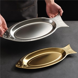 Stainless Steel Fish Platter Oval Shallow Dish Golden Creative Serving Tray For Barbecue Snack Hot Pot - Product Image 3